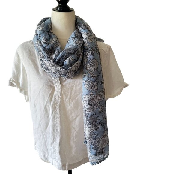 Floral Blue White Oblong Scarf Lace Trim Lightweight Long Wrap Hijab Bloomcore - Picture 2 of 13